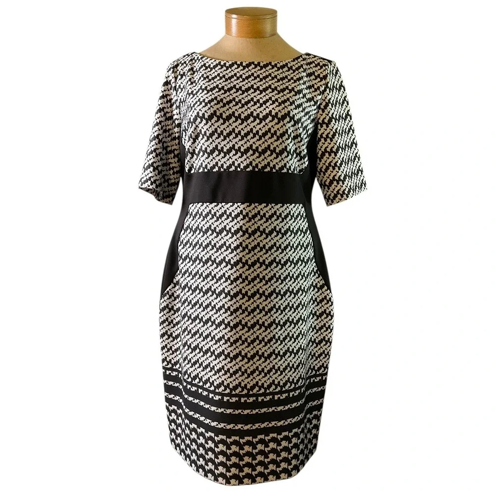 Karl Lagerfeld Paris Houndstooth Sheath Women's Dress Black White Zipper Size 16 - Picture 2 of 13